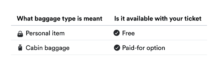 A table on baggage options with the headers 'What baggage type is meant' and 'Is it available with your ticket'.